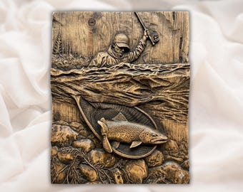 Fly Fishing 3D Relief STL | Trout in Net Cutaway River Scene Panel | CNC Router Aspire, VCarve Pro, Carveco, Fusion 360, ArtCAM