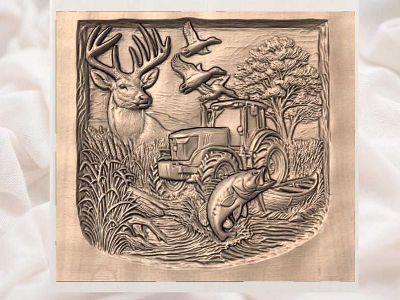May include: A detailed wood carving depicting a rural scene. A deer stands in tall grass, with a tractor, ducks in flight, a fish leaping from the water, and a small boat. The carving is in shades of brown.