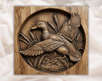 Eend 3D-reliëf STL | Vliegende watervogels houtsnijwerk | CNC-routerbestand, 3D-print, lasergravure| Woondecoraties