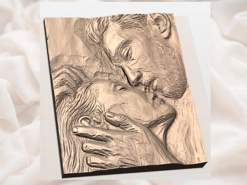May include: A wooden relief sculpture depicting a tender embrace between a man and a woman. The artwork captures the moment of a kiss, with detailed carving of facial features and hands. The piece is finished in a warm, natural wood tone.