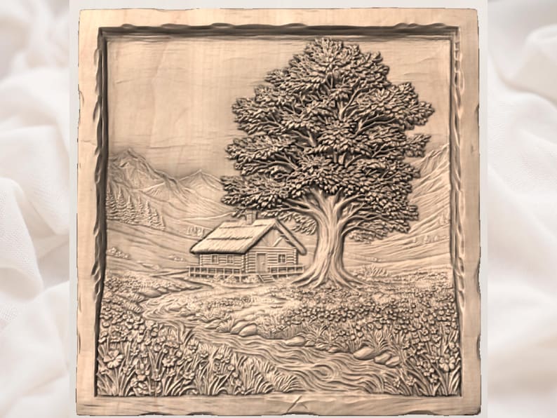 K&ouml;nnte beinhalten: Ein Holzrelief zeigt eine ruhige Landschaft. Eine H&uuml;tte befindet sich in der N&auml;he eines gro&szlig;en Baumes, mit einem Bach und Wildblumen im Vordergrund. Berge sind im Hintergrund sichtbar, alles in einem quadratischen Rahmen.