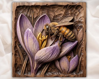 Honey Bee Crocus STL | Floral Nature Carving | Pollinator Plaque Art | Rustic Garden Decor | Wood Grain Artwork | Crocus Bloom Relief