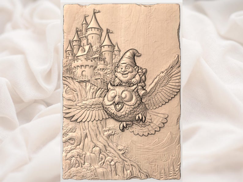 May include: A detailed relief carving depicts a whimsical scene. A gnome rides an owl in flight, with a castle in the background. The carving is in shades of brown, with intricate details of the owl's feathers and the castle's architecture.