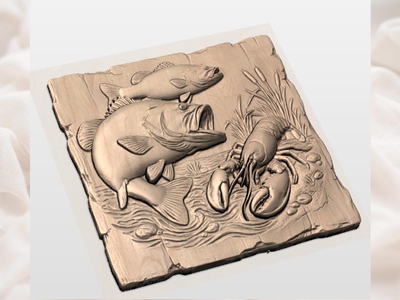 Bass & Crawfish Relief STL | CNC Router 3D Carving File | Fishing Scene Wood Grain Bas Relief Panel | Angler / Lake House Cabin Wall Art image 2