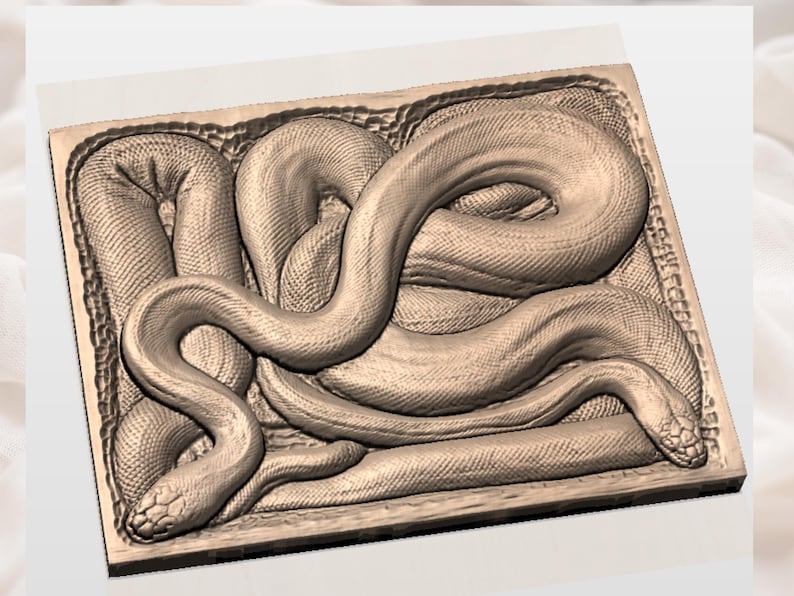May include: A detailed relief carving of a snake in a rectangular frame. The snake is depicted with intricate scales and a coiled body, showcasing a textured surface. The artwork is in shades of brown and beige, creating a naturalistic appearance.