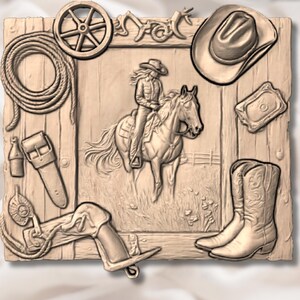 Western Cowboy Horse Collage 3D Relief STL view 3