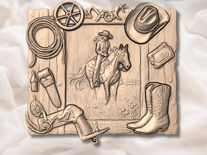 May include: A detailed relief carving featuring a cowgirl on horseback, surrounded by cowboy-themed elements. The design includes a cowboy hat, boots, a saddle, a rope, and a wagon wheel, all in a neutral, earthy tone.