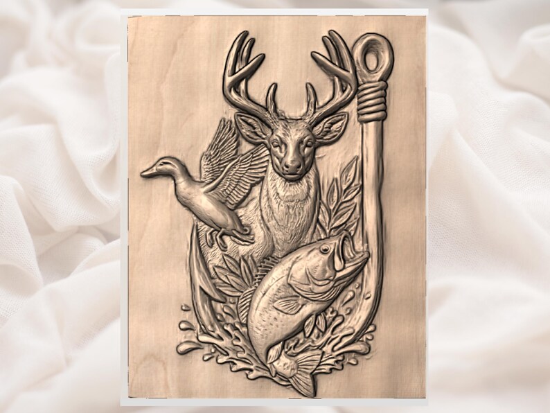May include: A detailed wood carving featuring a deer with large antlers, a duck in flight, and a fish, all set against a large fishing hook. The carving is in shades of brown and beige, with intricate details. The theme is hunting and fishing.