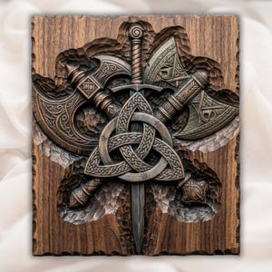 Viking Triquetra Sword STL | Celtic Knot Axe Relief CNC Router File | Norse Warrior Wood Carving Wall Plaque | Norse Axe and Sword STL