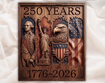 アメリカ建国250周年記念レリーフSTL｜1776-2026 愛国的な壁掛けアート｜ジョージ・ワシントンと鷲の自由の旗のプラーク｜手彫りの木目調装飾
