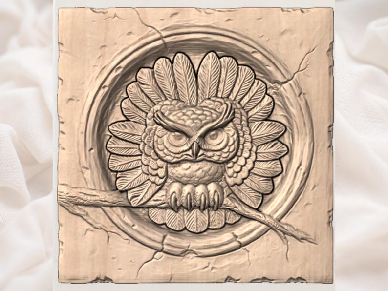 May include: A detailed relief carving of an owl perched on a branch, set within a circular frame. The artwork is in a light brown tone, with visible cracks adding texture. The owl's feathers and features are intricately carved.