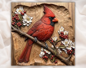 Cardinal with Blossoms Relief STL | CNC Router 3D Carving Model | Northern Cardinal Flower Branch Wood Grain Relief Panel | Bird Wall Art
