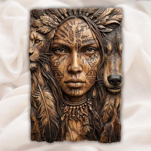 Tribal Woman & Wolf Lion 3D Relief STL view 1