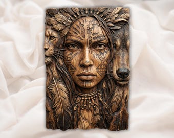 Tribal Woman & Wolf Lion 3D Relief STL | Warrior Goddess Face Boho Wall Art Panel | CNC Router Carving, 3D Print, Laser Engrave | Decor