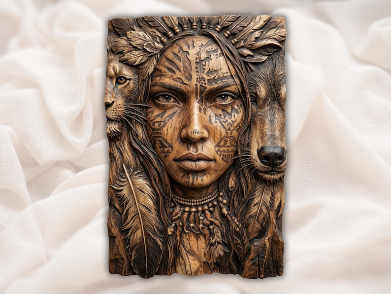 Tribal Woman & Wolf Lion 3D Relief STL