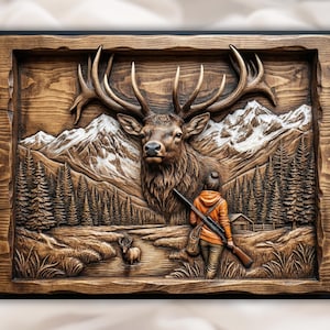 Elk Hunter 3D Relief STL - Deer Head Mountain Forest Wall Art Panel view 1