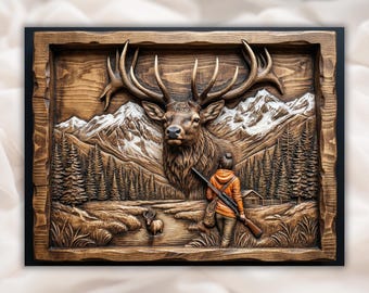 Elk Hunter 3D Relief STL - Deer Head Mountain Forest Wall Art Panel | Hunting Lodge Cabin Decor | Laser Engraving