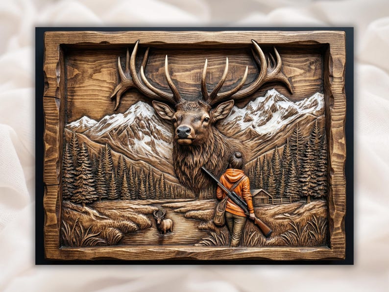Elk Hunter 3D Relief STL - Deer Head Mountain Forest Wall Art Panel