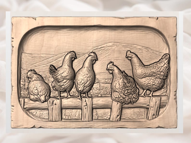 May include: A wooden relief carving depicting five chickens perched on a rustic fence. The chickens are intricately detailed, with textured feathers and prominent combs. The background shows a rolling landscape.