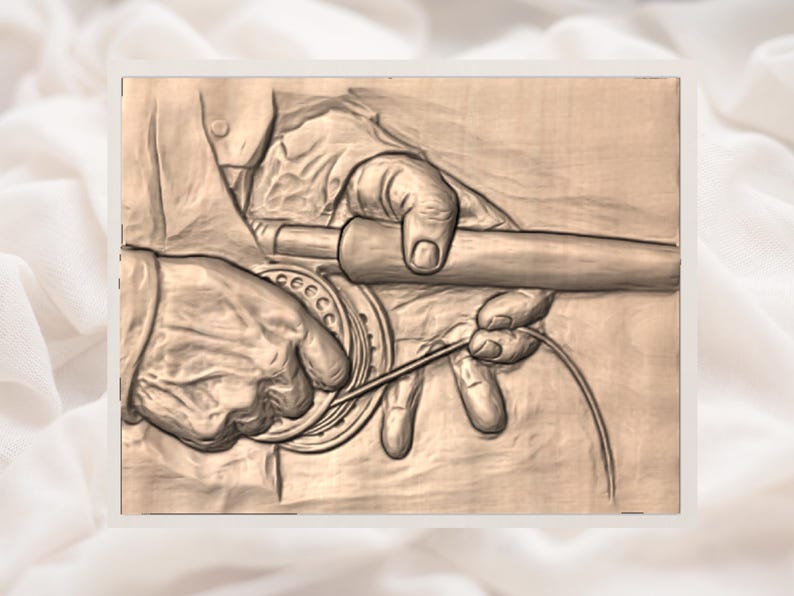 May include: A sepia-toned relief carving depicting hands manipulating a fishing rod and reel. The hands are carefully holding the rod and line, suggesting the art of fly fishing. The image is a detailed representation of the sport.