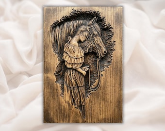 Girl With Horse STL Relief | Equestrian 3D Carving File for CNC Router | Rustic Western Wall Art Panel | Hand Carved Wood STL| Home Decor