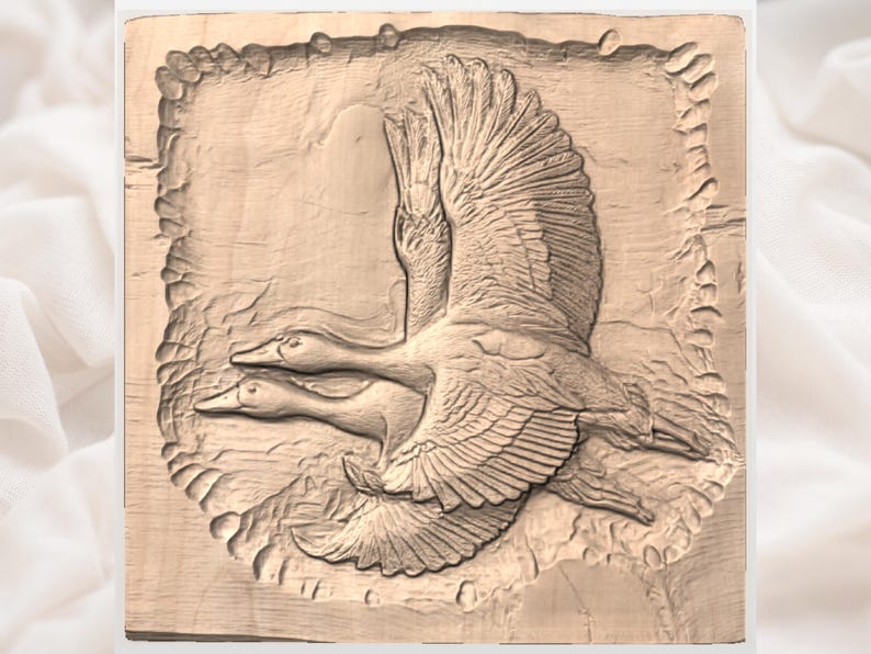 May include: A wooden relief carving of two geese in flight. The birds are depicted with detailed wings and bodies, set against a textured background. The carving is framed within a rectangular border, showcasing a natural wood grain.