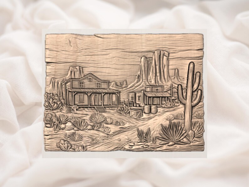 May include: A detailed, relief-carved wooden plaque depicting a Western town scene. The artwork features a two-story house, a saloon, a cactus, and desert landscape elements. The plaque is a warm, natural wood tone.