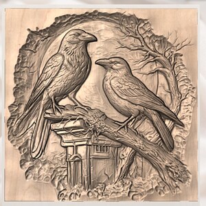 Raven Pair 3D STL Relief Panel view 3