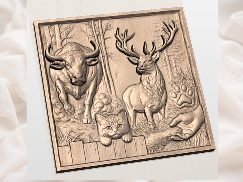 May include: A detailed relief carving in a square frame, featuring a bull, a deer with large antlers, a kitten, and a paw print. The artwork is in a natural wood tone, with a rustic, outdoorsy theme.