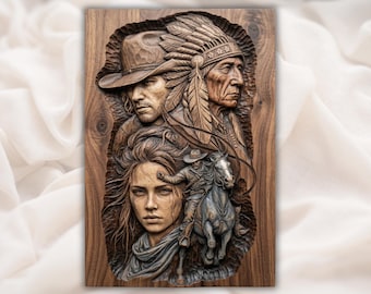 Collage nativo del oeste STL / Relieve tribal vaquero / Obra de arte de jinete / Decoración rústica de pared / Placa de pared de rancho / Archivo de placa de la frontera