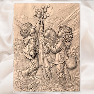 Children Picking Flowers 3D Relief STL File view 3
