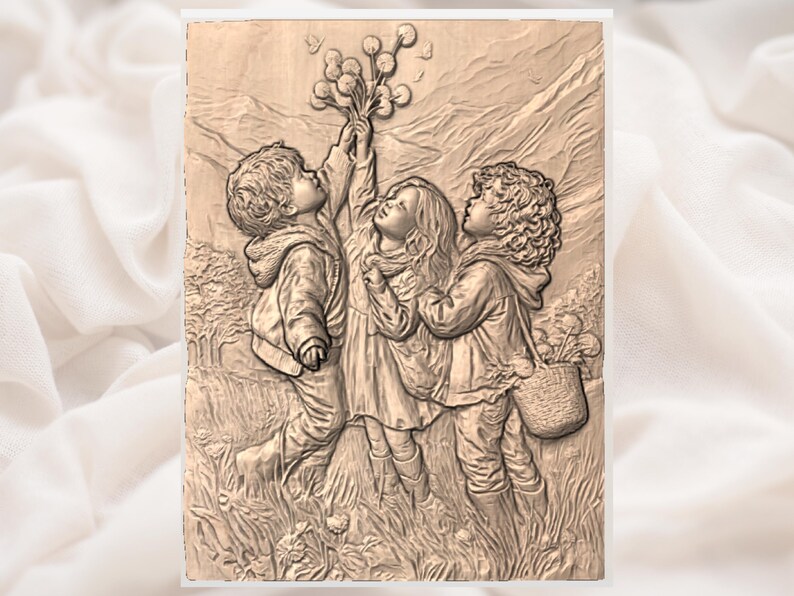 May include: A relief carving depicts three children reaching for a cluster of flowers. The children are dressed in hooded jackets and dresses, standing in a field with a mountain backdrop. One child carries a basket. The artwork is in shades of brown.