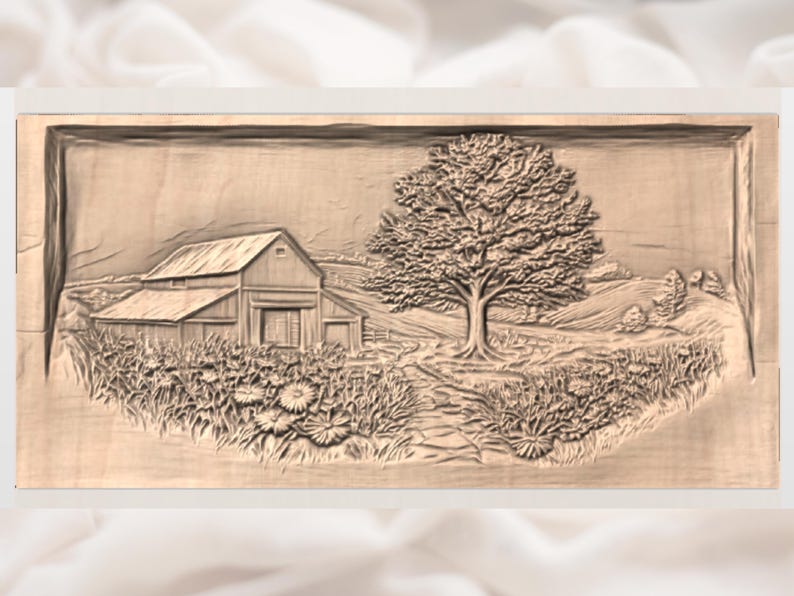 May include: A wooden relief carving depicting a rural landscape. The artwork features a barn, a large tree, and a field of flowers. The carving is in a rectangular frame and has a natural wood color.