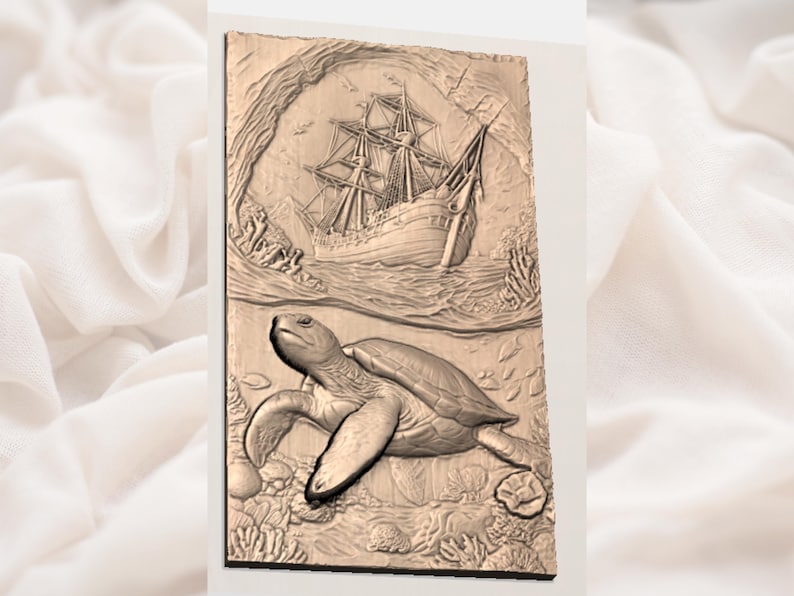 May include: A detailed relief carving depicts a sea turtle swimming below a sailing ship. The artwork is in shades of brown and beige, with the ship and turtle as the focal points. The carving is set against a textured background.