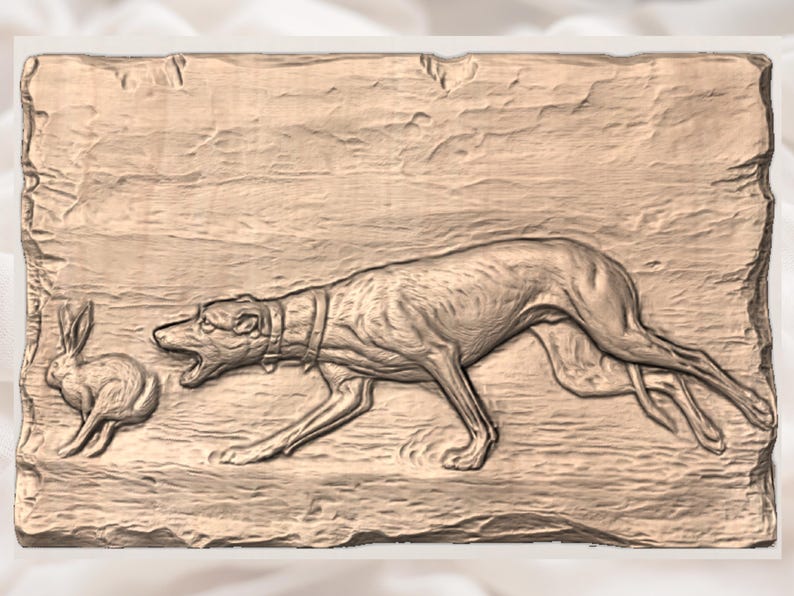 May include: A rectangular, light brown relief sculpture depicting a dog chasing a rabbit. The dog is in mid-stride, mouth open, and wearing a collar. The rabbit is depicted in a crouched position. The background has a textured, stone-like appearance.