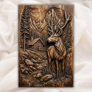 Mountain Deer Cabin Scene 3D Relief STL view 1