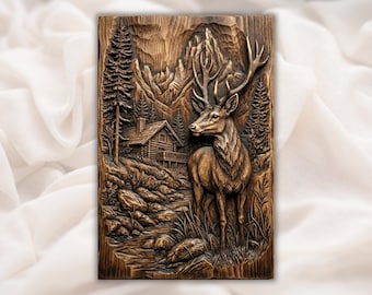 Mountain Deer Cabin Scene 3D Relief STL | CNC Router Wood Carving File | Buck Stag Forest River Wildlife Wall Art Panel