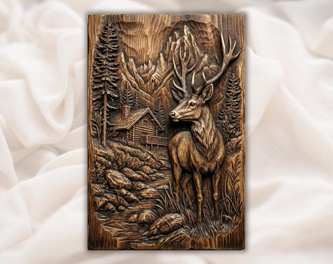 Mountain Deer Cabin Scene 3D Relief STL | CNC Router Wood Carving File ...