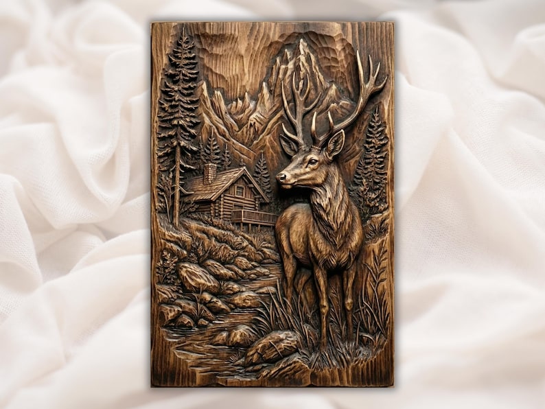 Mountain Deer Cabin Scene 3D Relief STL