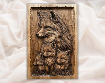 Fox Family Relief STL | Mother Fox & Kits 3D CNC Carving Model | Woodland Wood Grain Bas Relief Panel | Rustic Cabin Nursery Wall Art