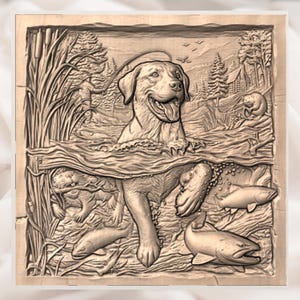 Golden Retriever Fishing Scene 3D Relief STL view 2