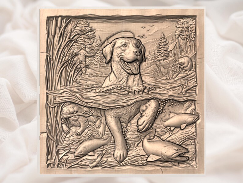 May include: A detailed wooden relief carving depicts a Labrador Retriever in a river, surrounded by fish and other wildlife. The dog is smiling with its tongue out. The scene includes a fisherman, trees, and a cabin, all carved in a natural wood tone.