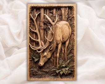 角のある鹿の森の風景 STL | 雄鹿の野生動物レリーフファイル | 素朴なキャビンの飾り板 | 森の自然をモチーフにした木製アート | 素朴なキャビンロッジの装飾