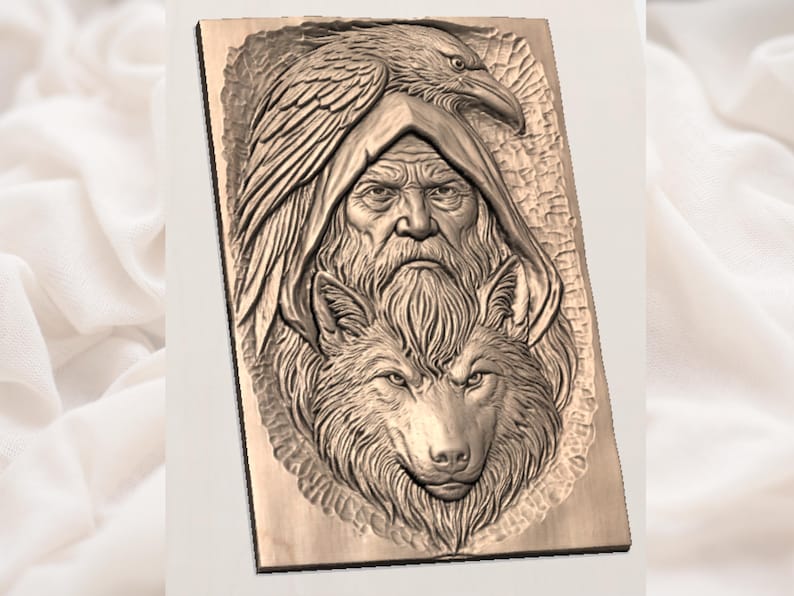 May include: A detailed relief carving in a rectangular shape, featuring a bearded figure with a raven above and a wolf below. The carving is in shades of brown, showcasing intricate details and textures.