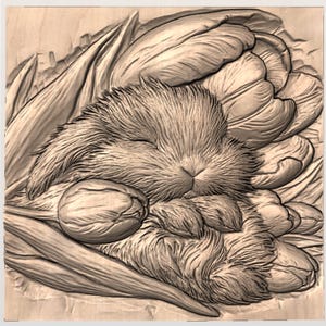 Sleeping Bunny with Tulips 3D STL Relief view 2