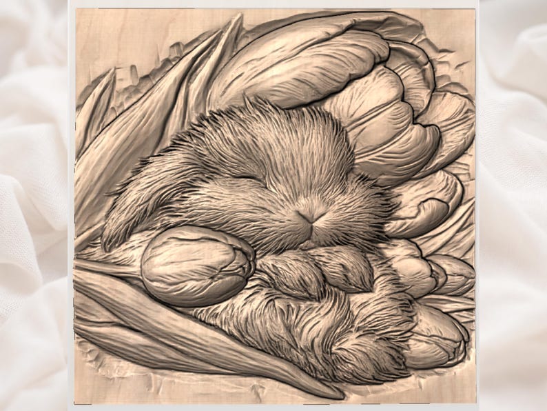 Conejito durmiendo con tulipanes (relieve 3D STL, archivo de enrutador CNC con veta de madera esculpida, lindo conejo floral en bajorrelieve para impresión 3D, decoración del hogar) imagen 2