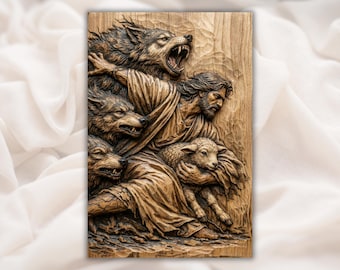 Jesus der gute Hirte 3D Relief STL-Datei | Lamm vor Wölfen schützen CNC Carving | Christliche Bibel Wandkunst | 3D Druck & Lasergravur