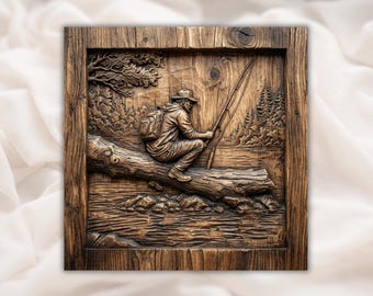 Relief 3D en relief d'un homme pêcheur | Pêcheur à la ligne sur le panneau de scène de Log Lake | Fichier de sculpture pour routeur CNC, impression 3D, gravure laser | Téléchargement numérique