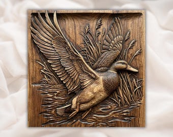 Mallard Duck Water Landing 3D Relief STL | CNC Router Wood Carving  | Flying Duck Reeds Lake Wildlife Wall Art Panel | Hunting Cabin Decor