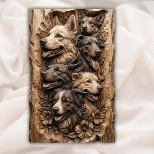 Può includere: Un'intaglio in legno a rilievo raffigurante sei facce di cani con dettagli di pelliccia ed espressioni. I cani sono di varie razze, con alcune lingue visibili. L'intaglio è posto su uno sfondo chiaro e include accenti floreali.